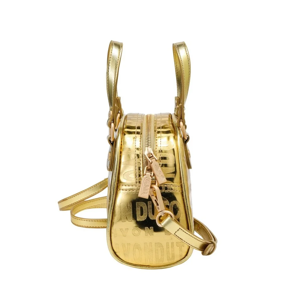 Von Dutch Metallic Gold Mini Bowler Bag Y2K Logo Crossbody Dome Satchel